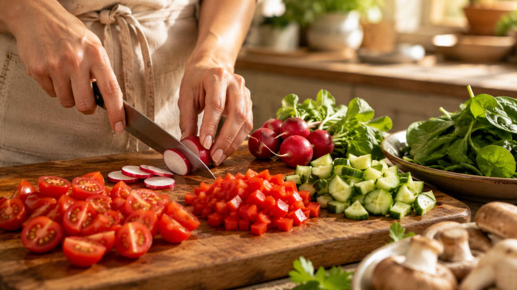 Tomaten, Radieschen und Gurke werden für Sommersalat geschnitten