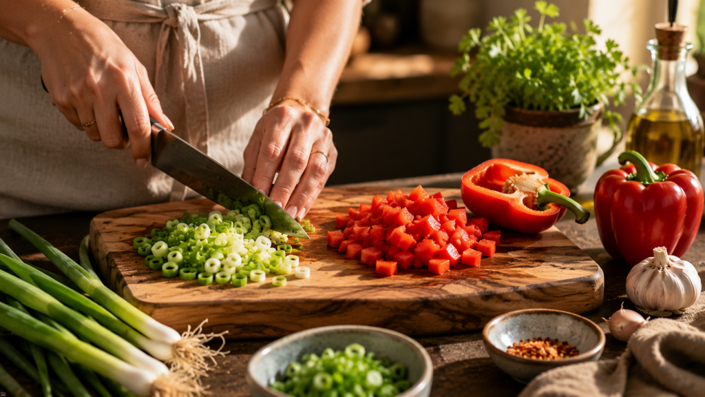 Paprika und Frühlingszwiebeln werden für Tortilla-Wraps geschnitten