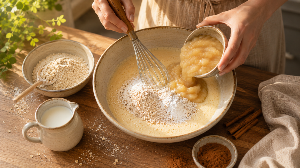 Birnenmus wird in den Waffelteig eingerührt