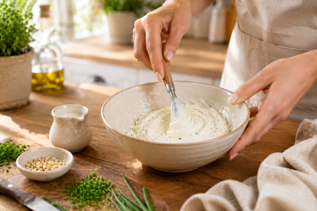 Cremige Kräuterfüllung für Low-Carb-Ofenpilze wird verrührt