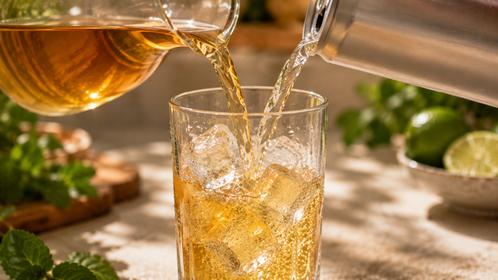 Pfirsichtee wird über Eiswürfel in ein Glas gegossen
