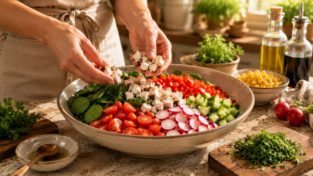 Gemüse, Kräuter und Käse werden zum Sommersalat gegeben