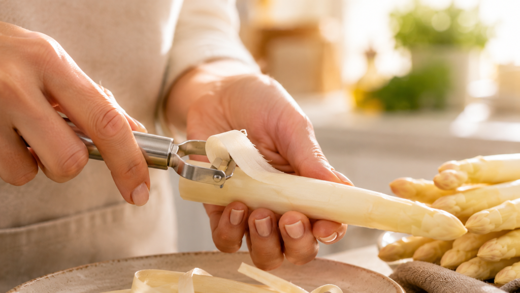 Weißer Spargel wird geschält