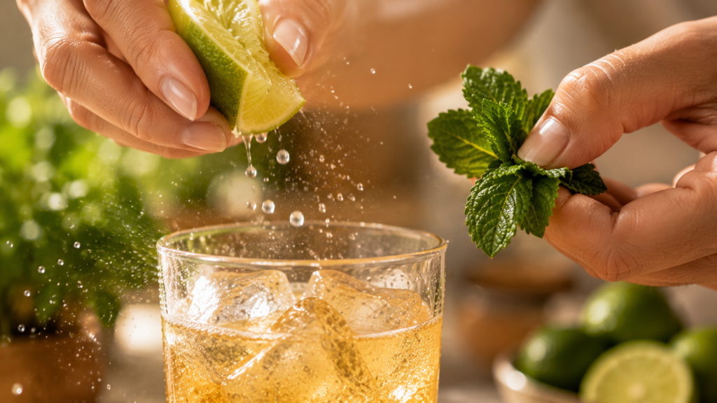 Limette und Minze werden für den Pfirsich-Powerdrink ausgedrückt