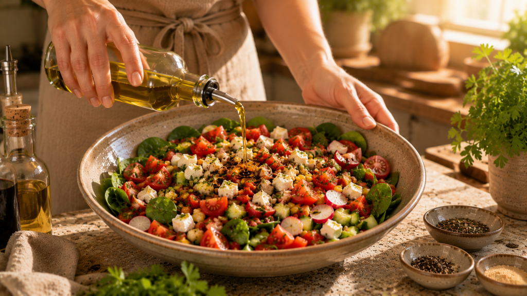 Sommersalat mit Gemüse, Kräutern und Käse wird vermischt