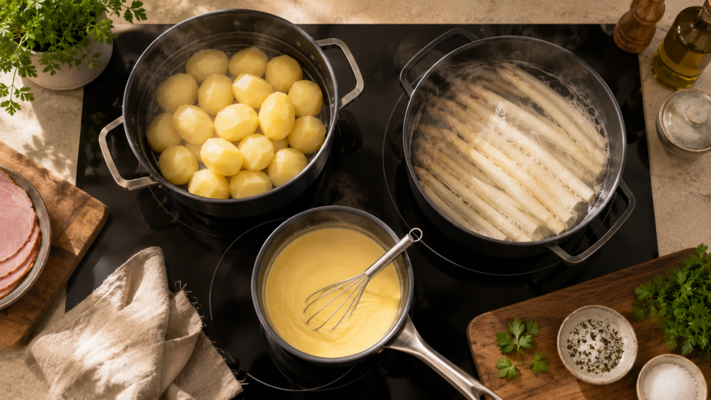 Kartoffeln, Spargel und Sauce hollandaise werden gleichzeitig zubereitet