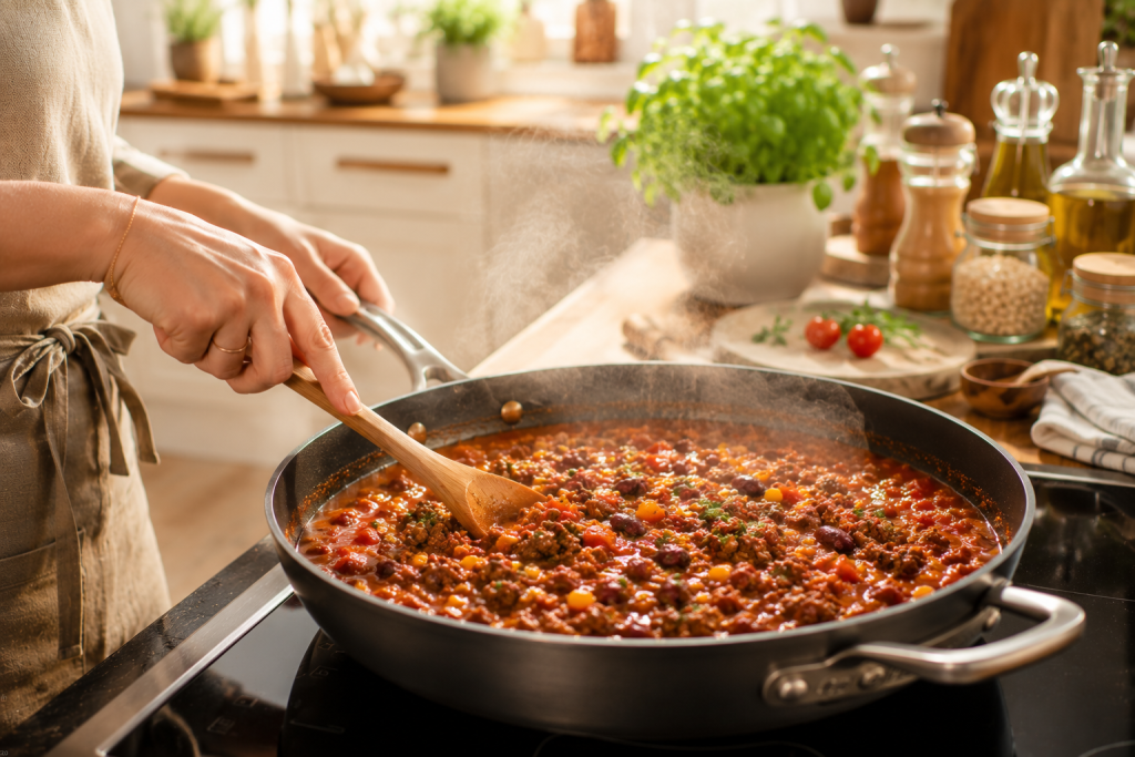 Wrap-Füllung aus Hackfleisch und Gemüse wird in der Pfanne verrührt
