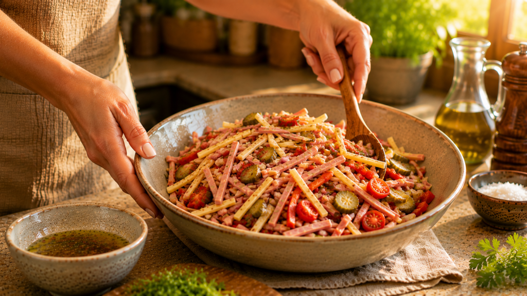 Wurstsalat mit Käse, Paprika und Essiggurken wird vermischt