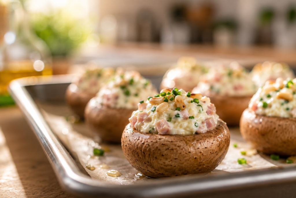 Gefüllte Low-Carb-Ofenpilze mit Käse auf einem Backblech