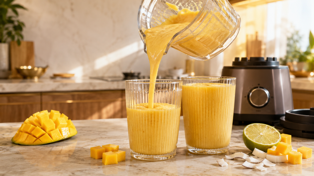 Mango-Protein-Smoothie wird in Gläser gegossen