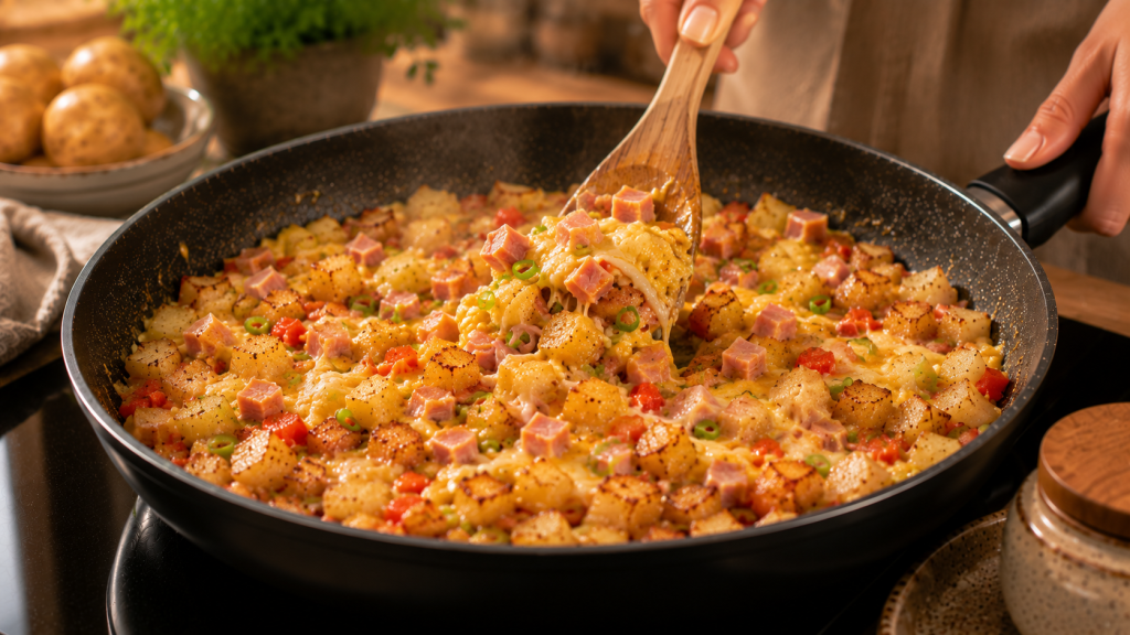 Protein-Gröstl mit Kartoffeln, Gemüse und Ei wird fertig gebraten