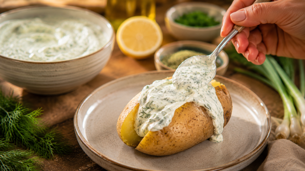 Proteinkartoffel wird mit Kräuter-Dip gefüllt