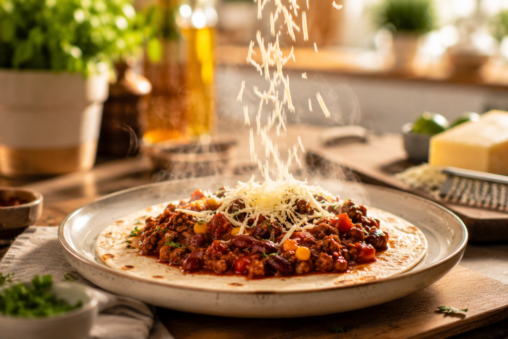 Gefüllter Tortilla-Wrap wird mit geriebenem Käse bestreut
