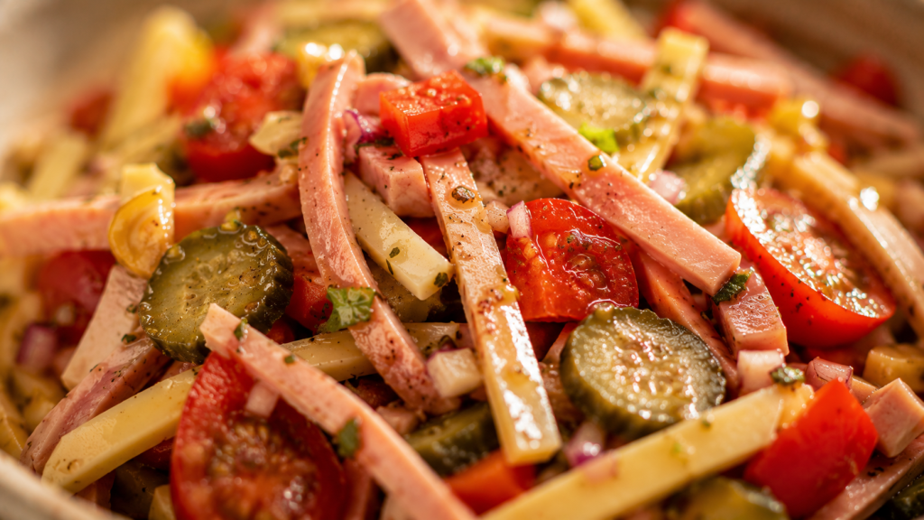 Fertiger Wurstsalat mit Käse, Paprika und Essiggurken