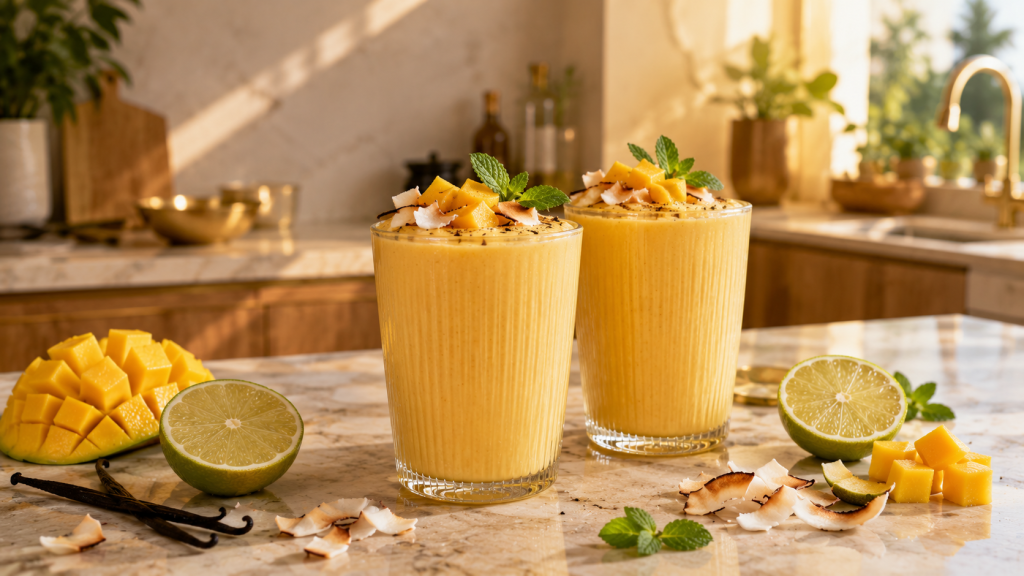 Mango-Protein-Smoothie – fertig angerichtet