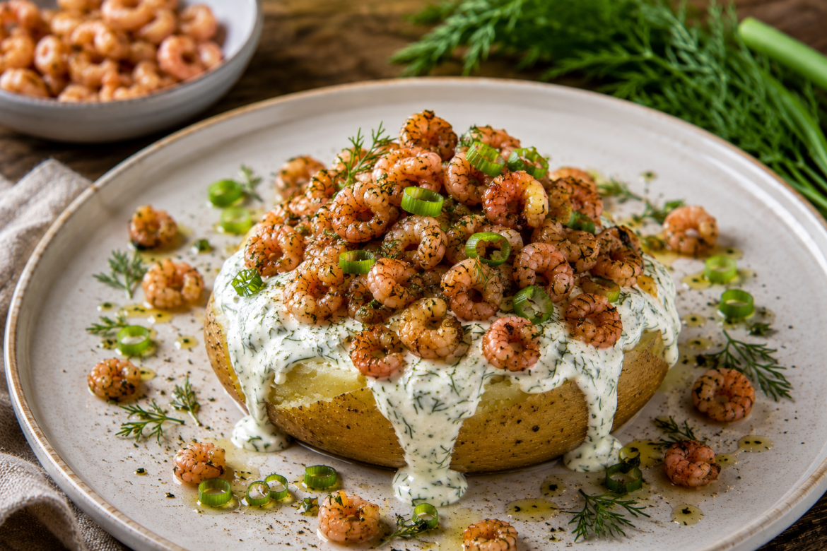 Protein-Kartoffel mit Dill-Creme und Krabben