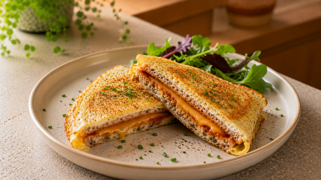 Aufgeschnittenes Frühstückssandwich mit Ei, Schinken und Käse