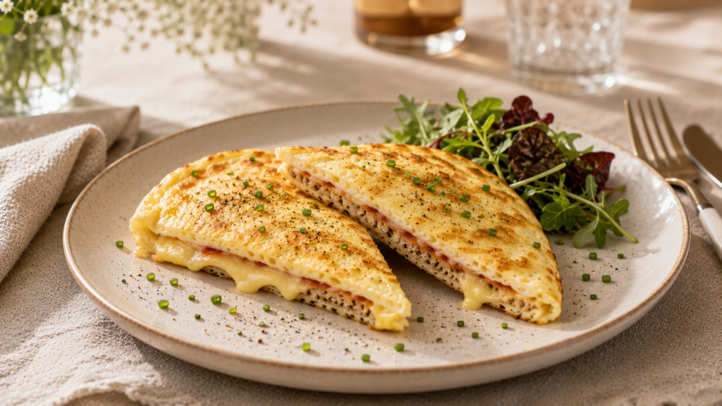 Getoastetes Frühstückssandwich mit Ei, Käse und Salat