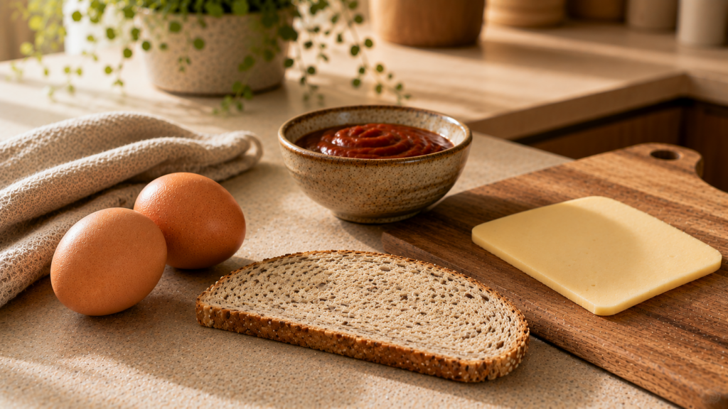 Zutaten für Frühstückssandwich mit Eiern, Käse, Toast und Tomatensauce