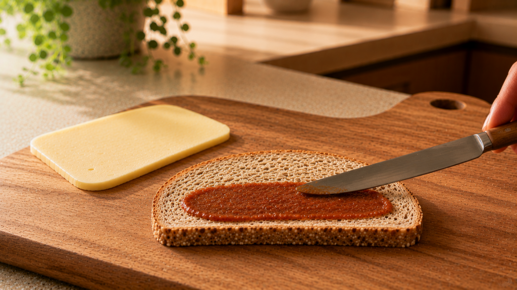 Toastbrot wird mit Tomatensauce und Käse belegt