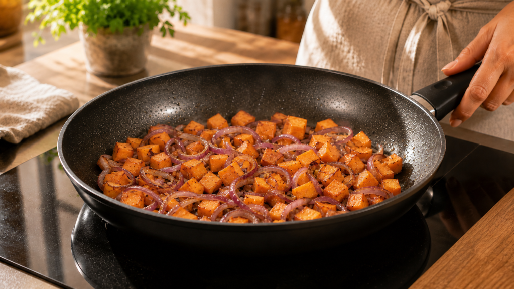 Kleine Süßkartoffelstücke und rote Zwiebeln braten goldbraun in einer Pfanne