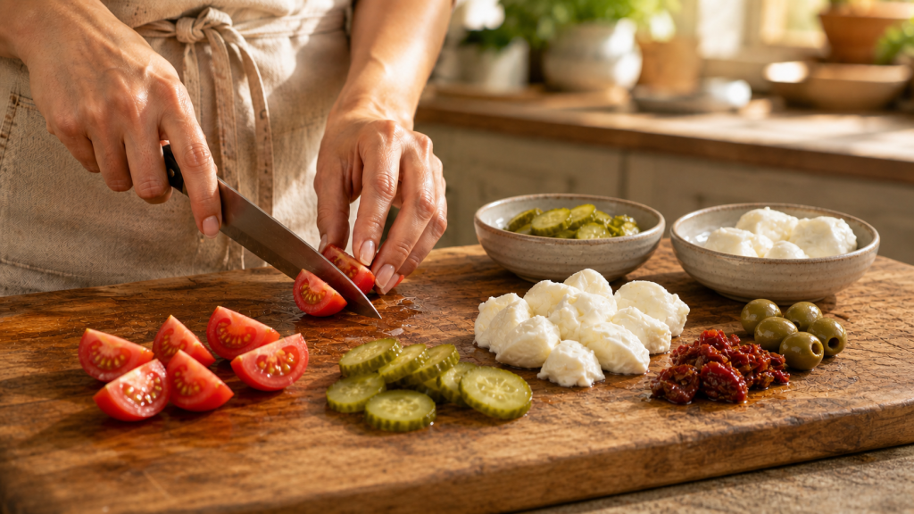 Cocktailtomaten, Essiggurken, Mozzarella, Oliven und eingelegte Tomaten werden vorbereitet