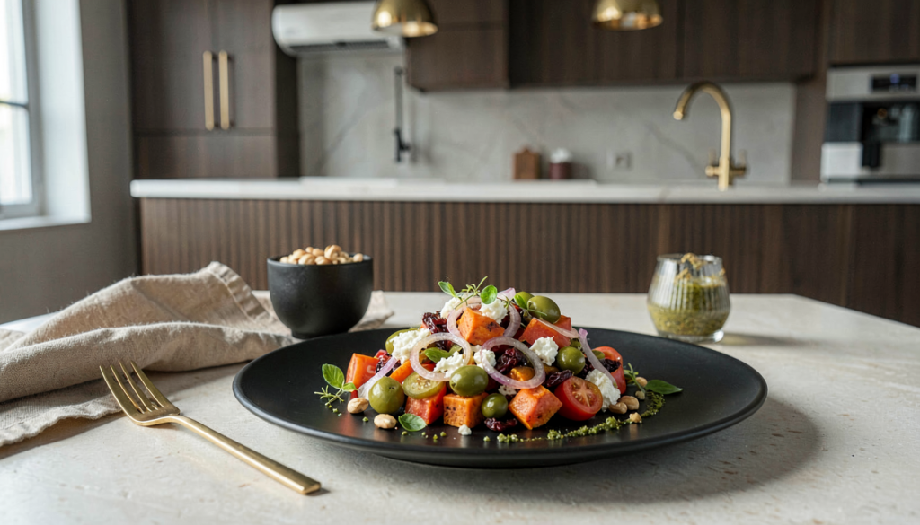 Mediterraner Süßkartoffelsalat mit gebratenen Süßkartoffeln, Tomaten, Oliven und Mozzarella