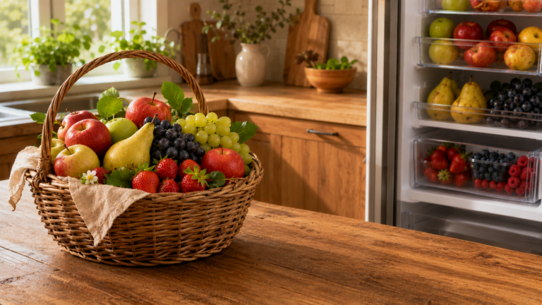 Obstkorb mit Äpfeln, Birnen und Beeren vor einem gefüllten Kühlschrank