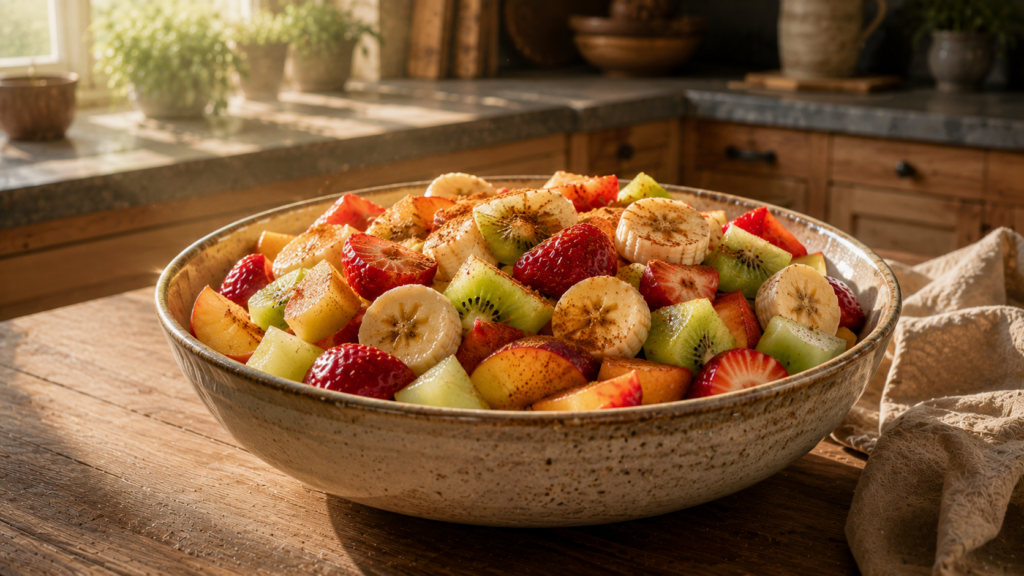 Bunter Obstsalat mit Banane, Kiwi, Erdbeeren, Melone und Pfirsich