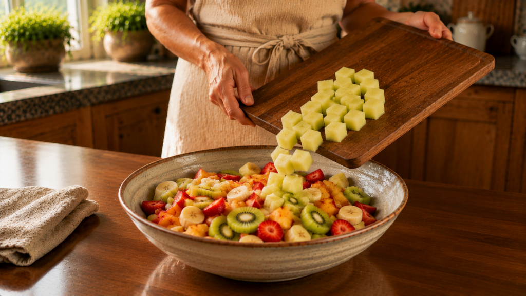 Melonenwürfel werden zu Banane, Kiwi und Erdbeeren gegeben