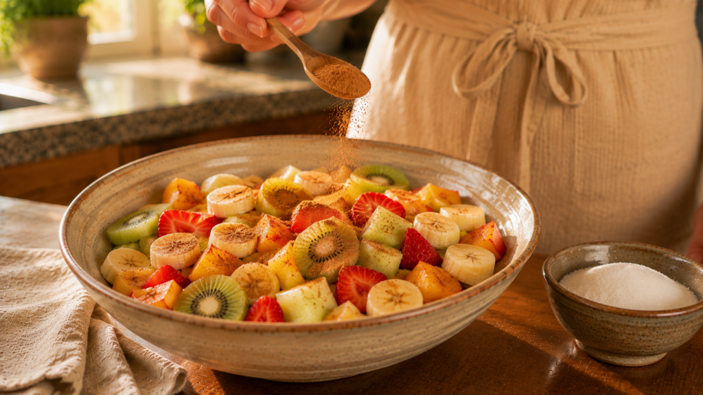Zimt wird über den vorbereiteten Obstsalat gestreut