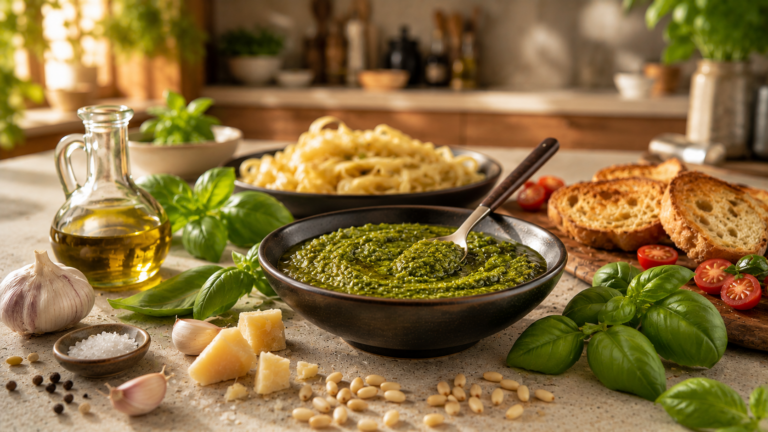 Grünes Basilikumpesto mit Pinienkernen, Parmesan und Olivenöl