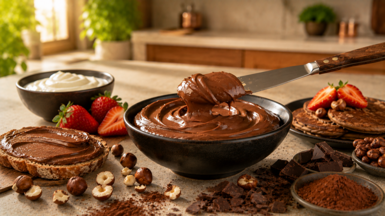 Cremige Protein-Schokocreme mit Erdbeeren, Haselnüssen und Kakao