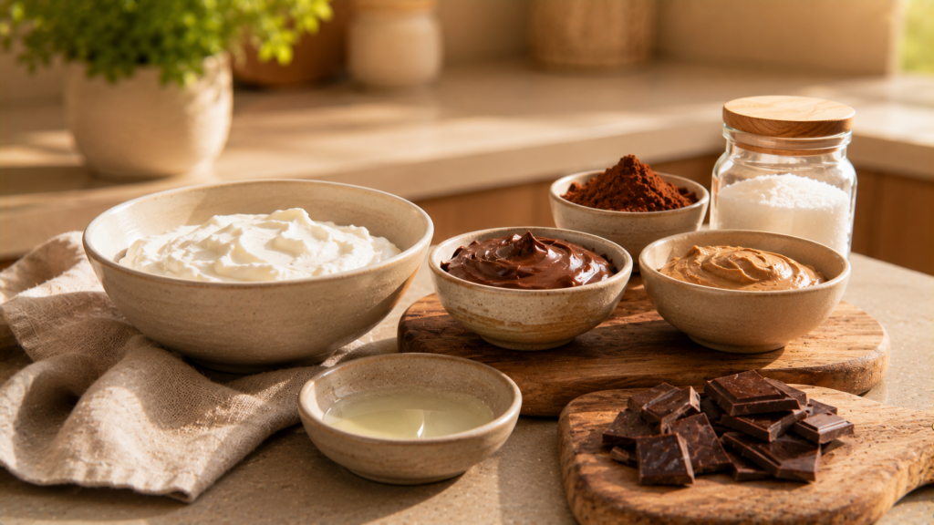 Zutaten für Schoko-Crunch-Bowl mit Joghurt, Kakao, Nussmus und Schokolade