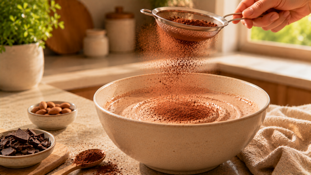 Kakaopulver wird über die Creme für die Schoko-Crunch-Bowl gesiebt